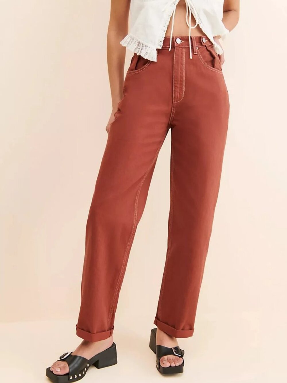 Free People ZGY Relaxed Super High-Rise Rust Orange Straight Jeans sz 28 NEW NWT